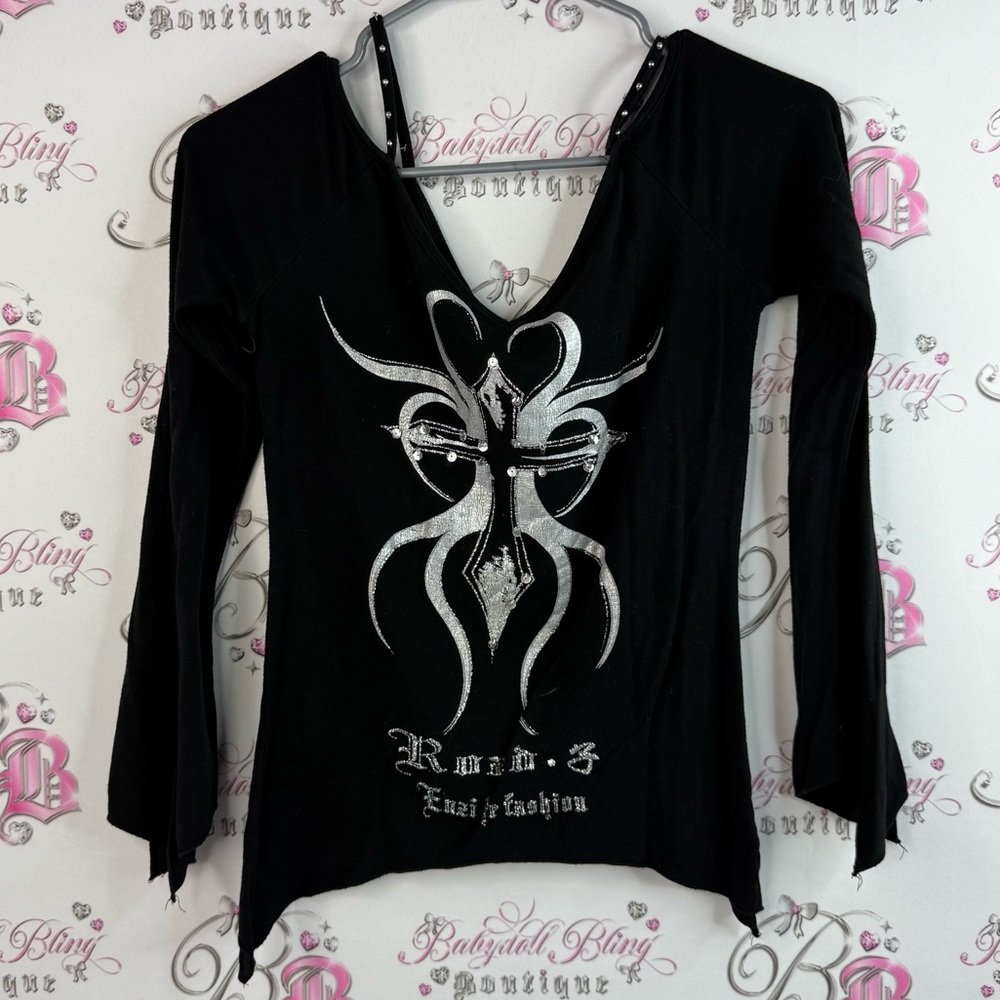 Y2K shirt, one shoulder, studded fairy Black Long Sleeve Top with Silver Design